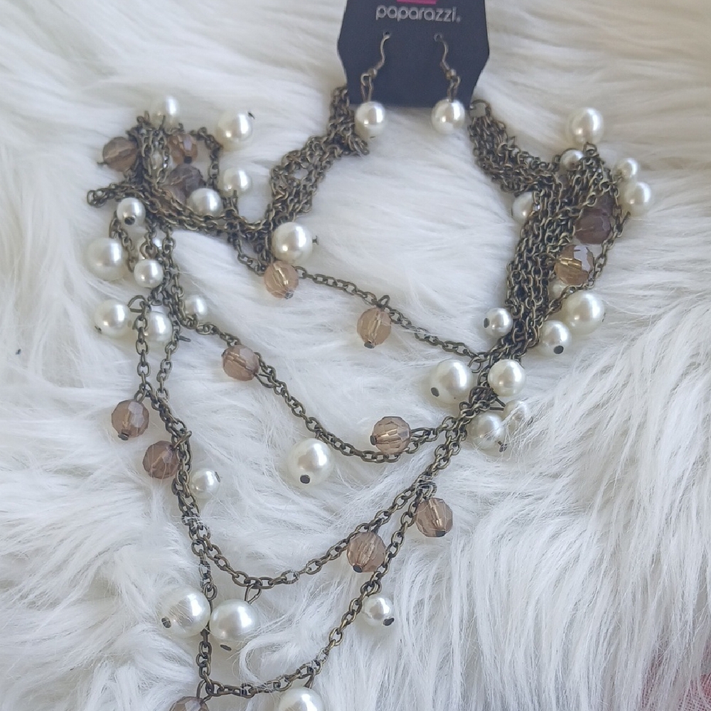 Paparazzi Layered Pearl and Brown Bead Brass Necklace LONG - Picture 9 of 9